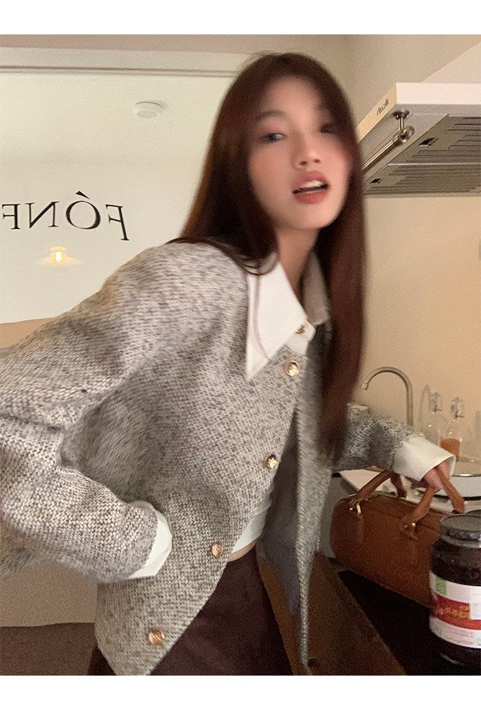 💕韓系秋冬假兩件拼接小香風加墊肩外套