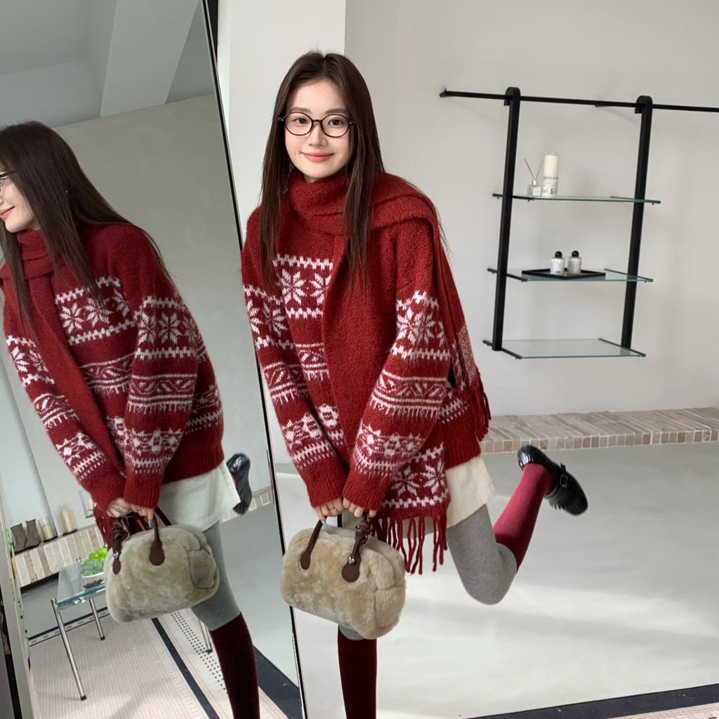 💕韓系圓領復古緹花拚色軟糯針織帶圍巾打底毛衣