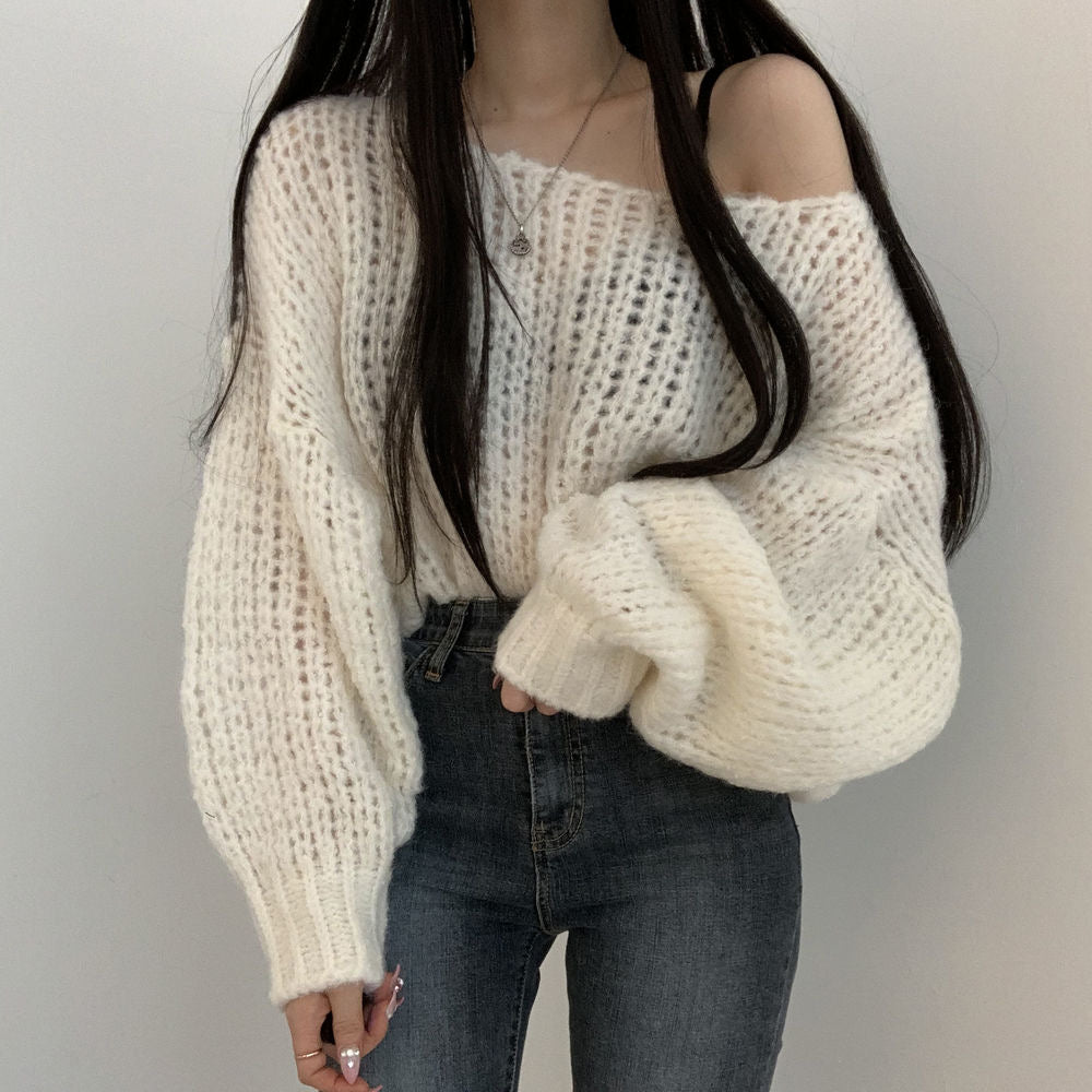 💕韓系chic春秋百搭寬鬆燈籠袖針織上衣