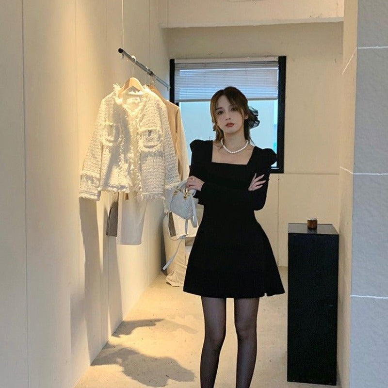 💕秋冬黑色赫本風方領小個子連衣裙