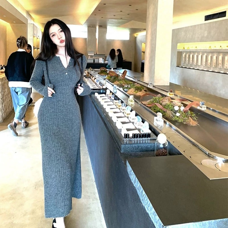 💕入秋半開領法式針織打底長裙