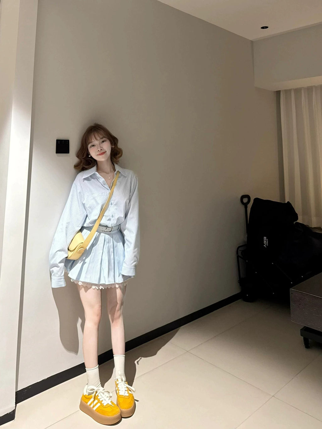💕蕾絲拼接配腰帶條紋長袖小個子連衣裙