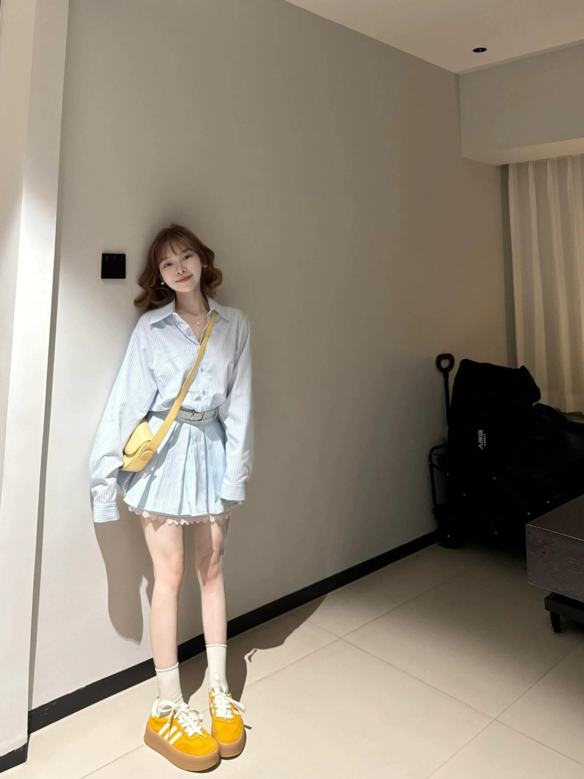 💕蕾絲拼接配腰帶條紋長袖小個子連衣裙