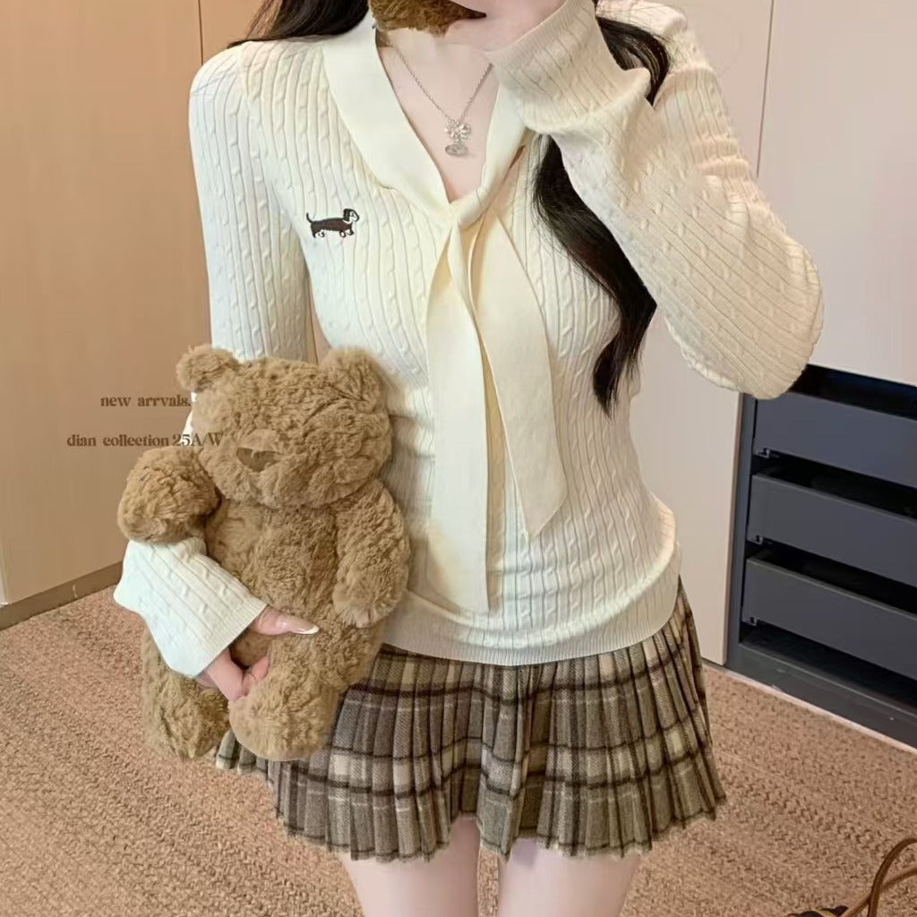💕韓系氣質修身V領系帶麻花臘腸狗針織衫毛衣