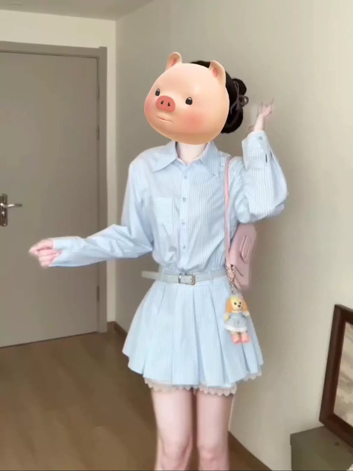 💕春夏小個子收腰有腰帶條紋襯衫連身裙