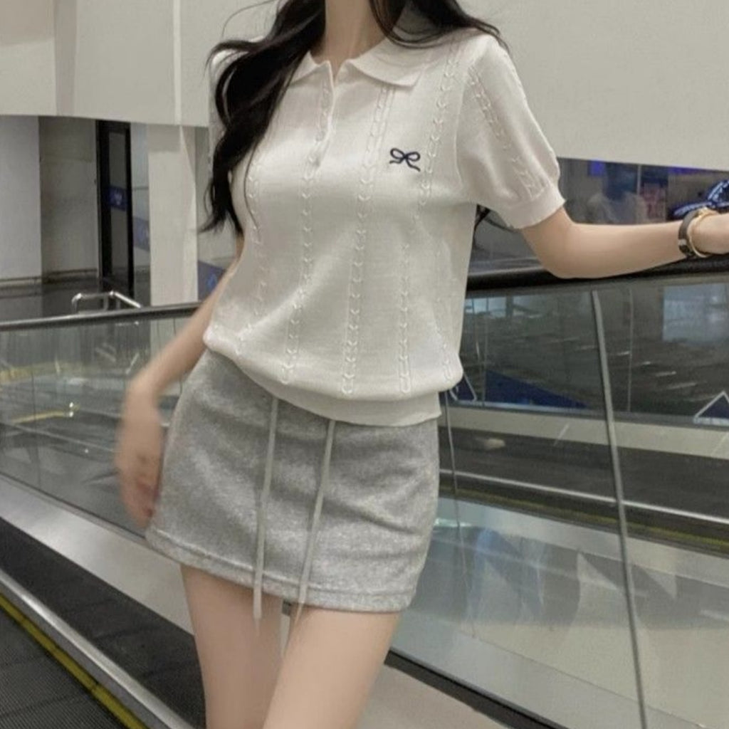 💕百搭甜美POLO領蝴蝶結刺繡針織衫