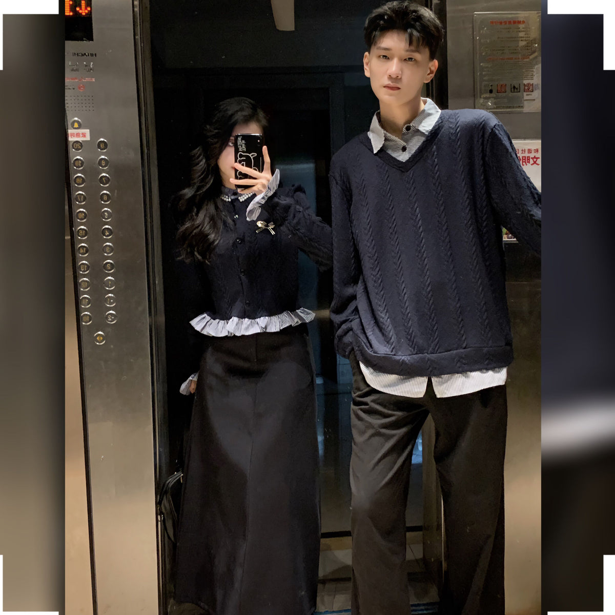 💕秋冬法式梨形長袖拼接假兩件情侶套裝
