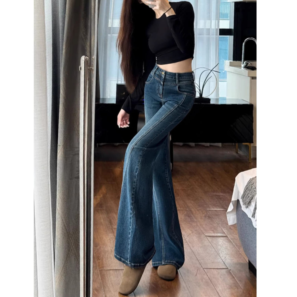 💕美式氣質小個子彈力藍色微喇叭牛仔長褲