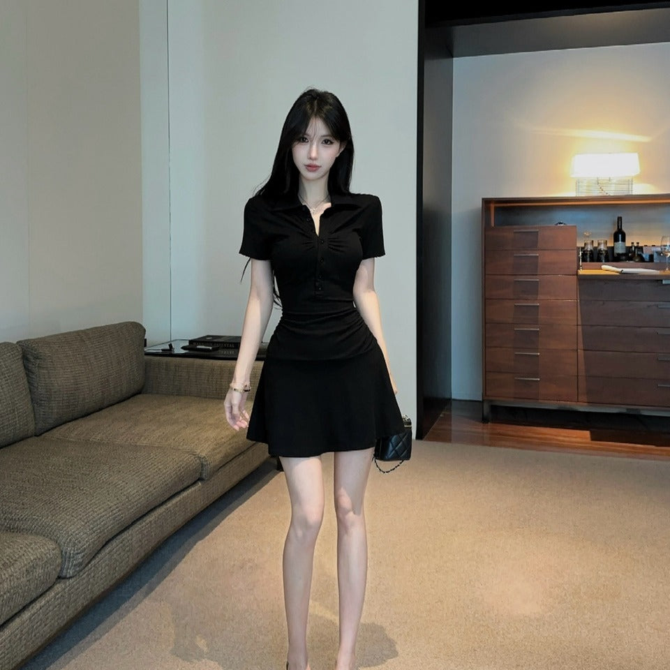 💕顯瘦百搭翻領收腰黑色翻領短袖大擺連衣裙