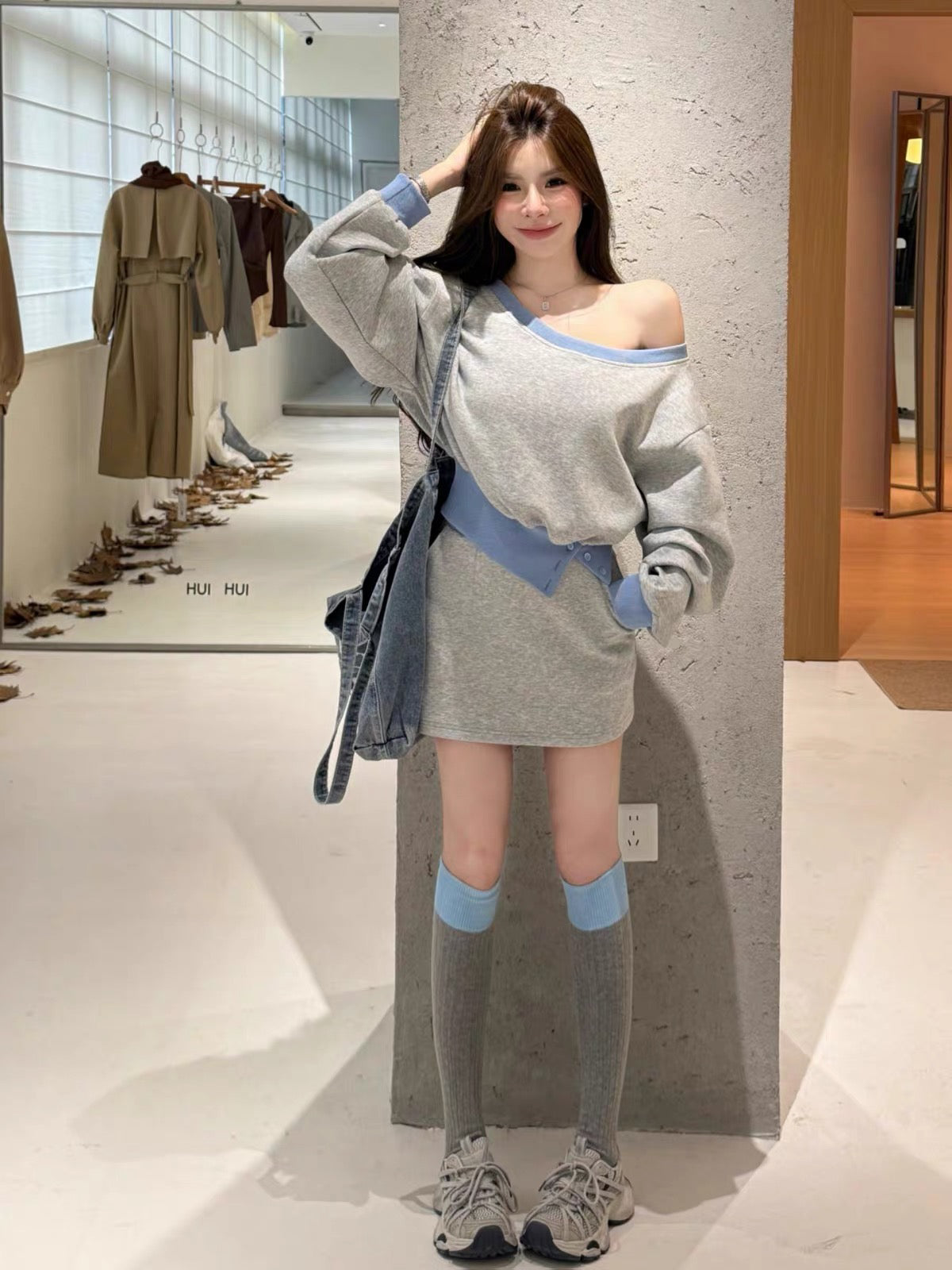 💕韓系辣妹露肩衛衣包臀短裙休閒套裝