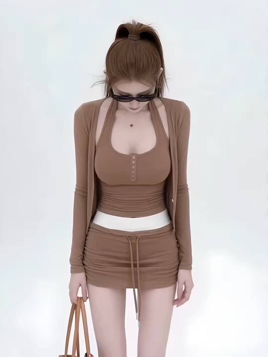 💕韓系辣妹風掛脖修身長袖撞色短裙三件套