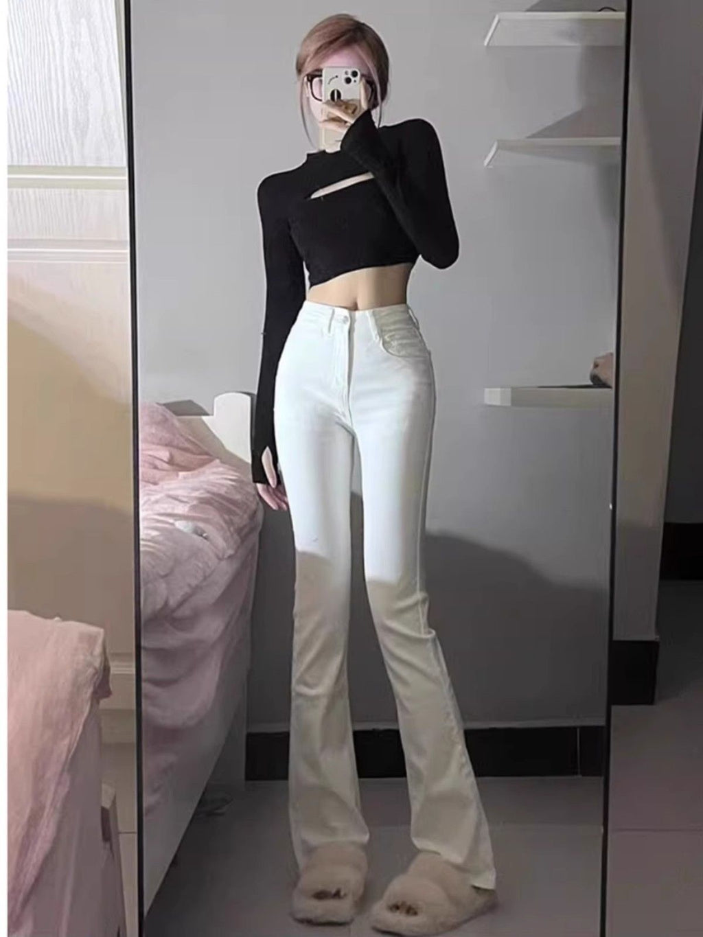 💕春夏白色顯瘦高腰喇叭牛仔褲