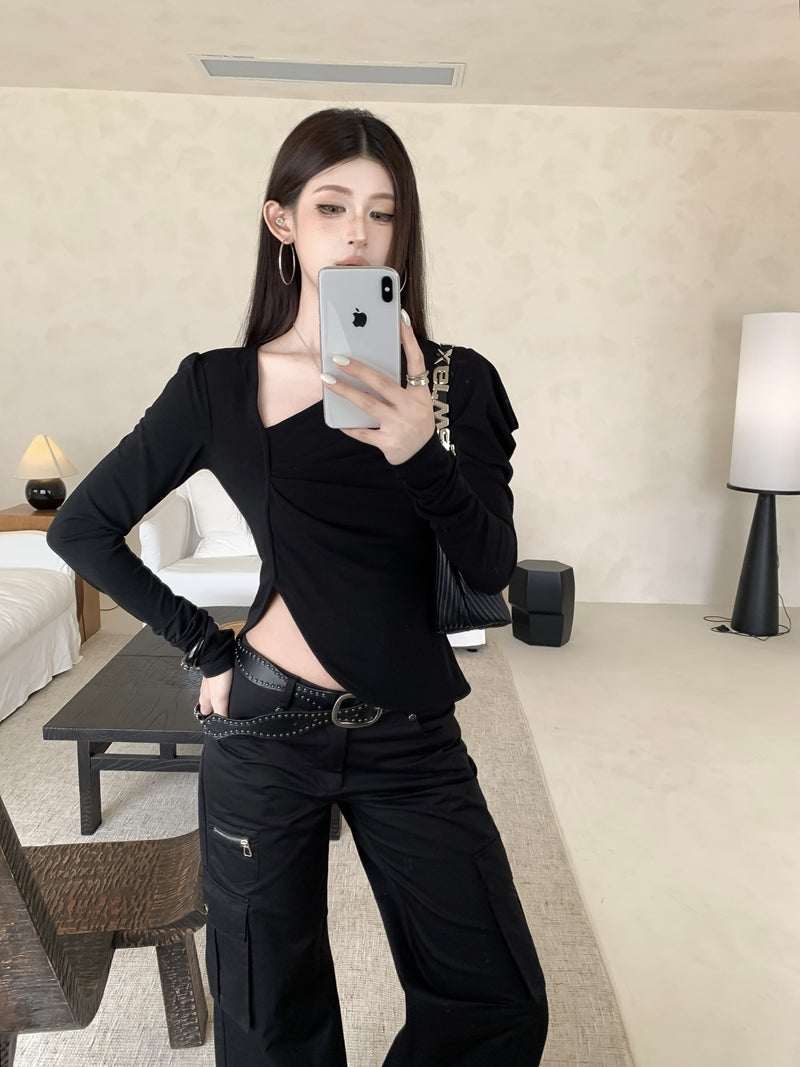 💕chic復古不規則斜領長袖短款不對襯上衣