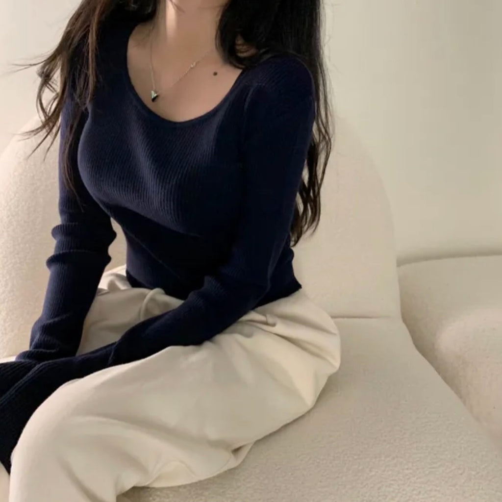 💕韓系chic長袖修身親膚針織打底百搭顯瘦上衣