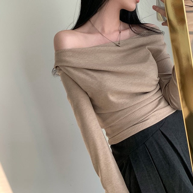 💕溫柔春秋純欲露肩+飄帶顯瘦法式上衣