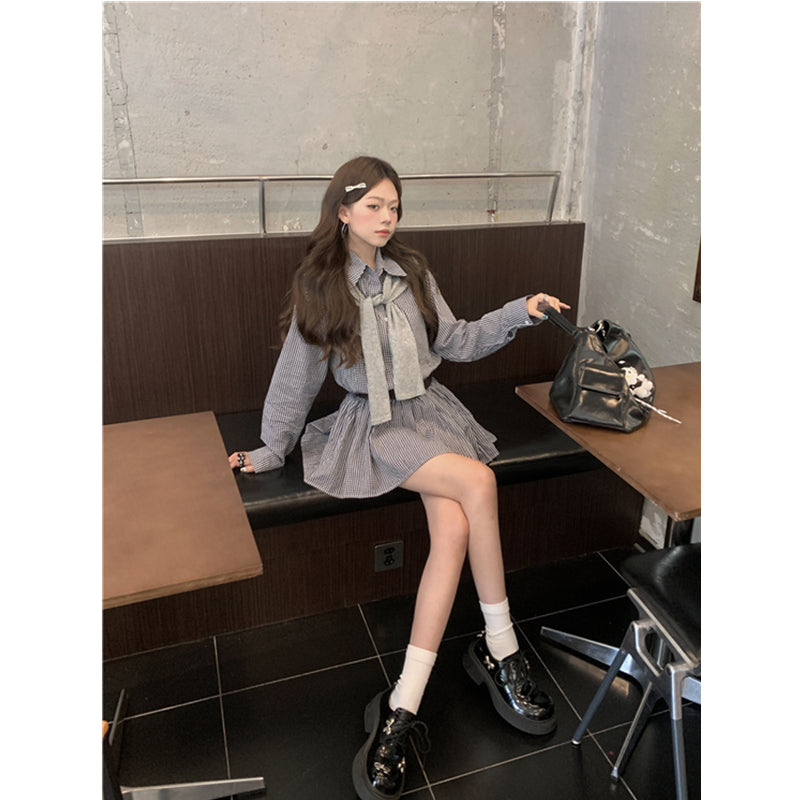 💕韓系格子襯衫連衣裙+連帽披肩配腰帶