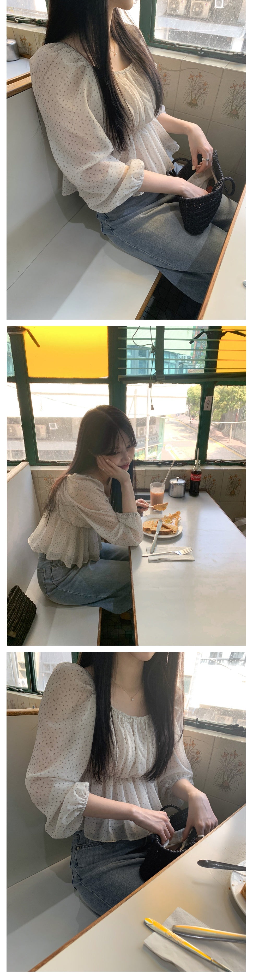 💕ins系法式方領碎花收腰泡泡袖雪紡上衣
