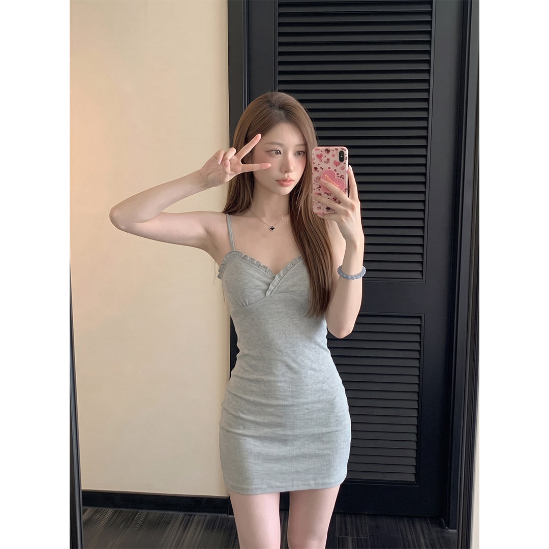💕純御風灰色木耳邊吊帶連衣短裙