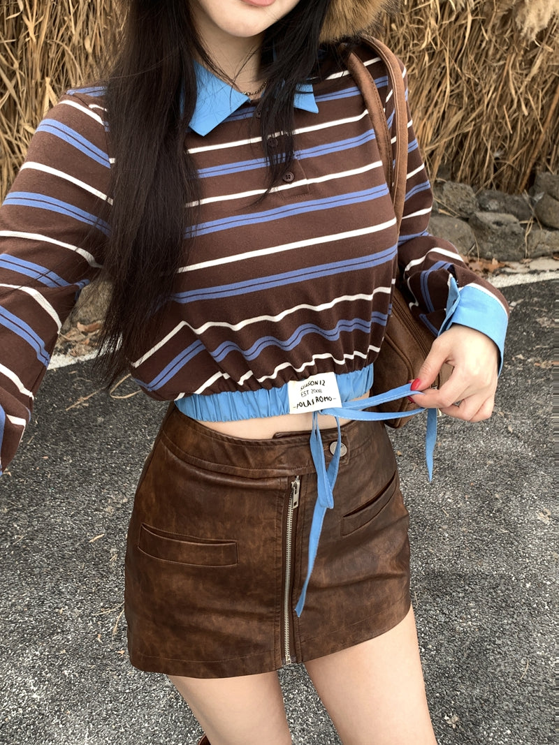 💕復古時尚撞色條紋拼接POLO長袖上衣