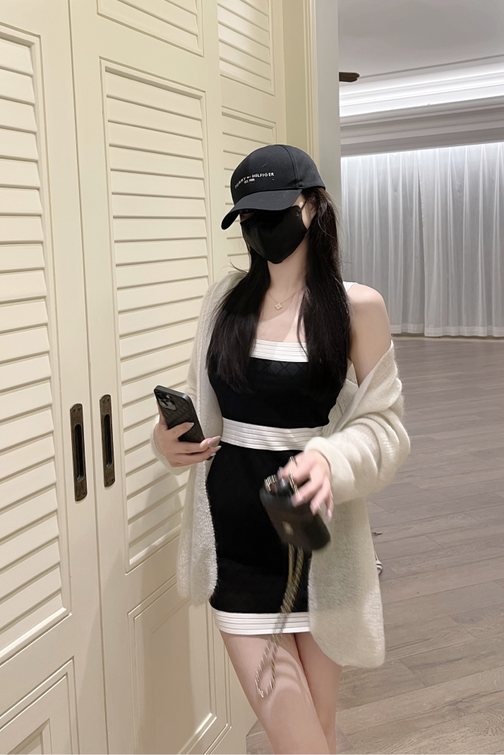 💕韓系撞色拼接吊帶冰絲連身裙