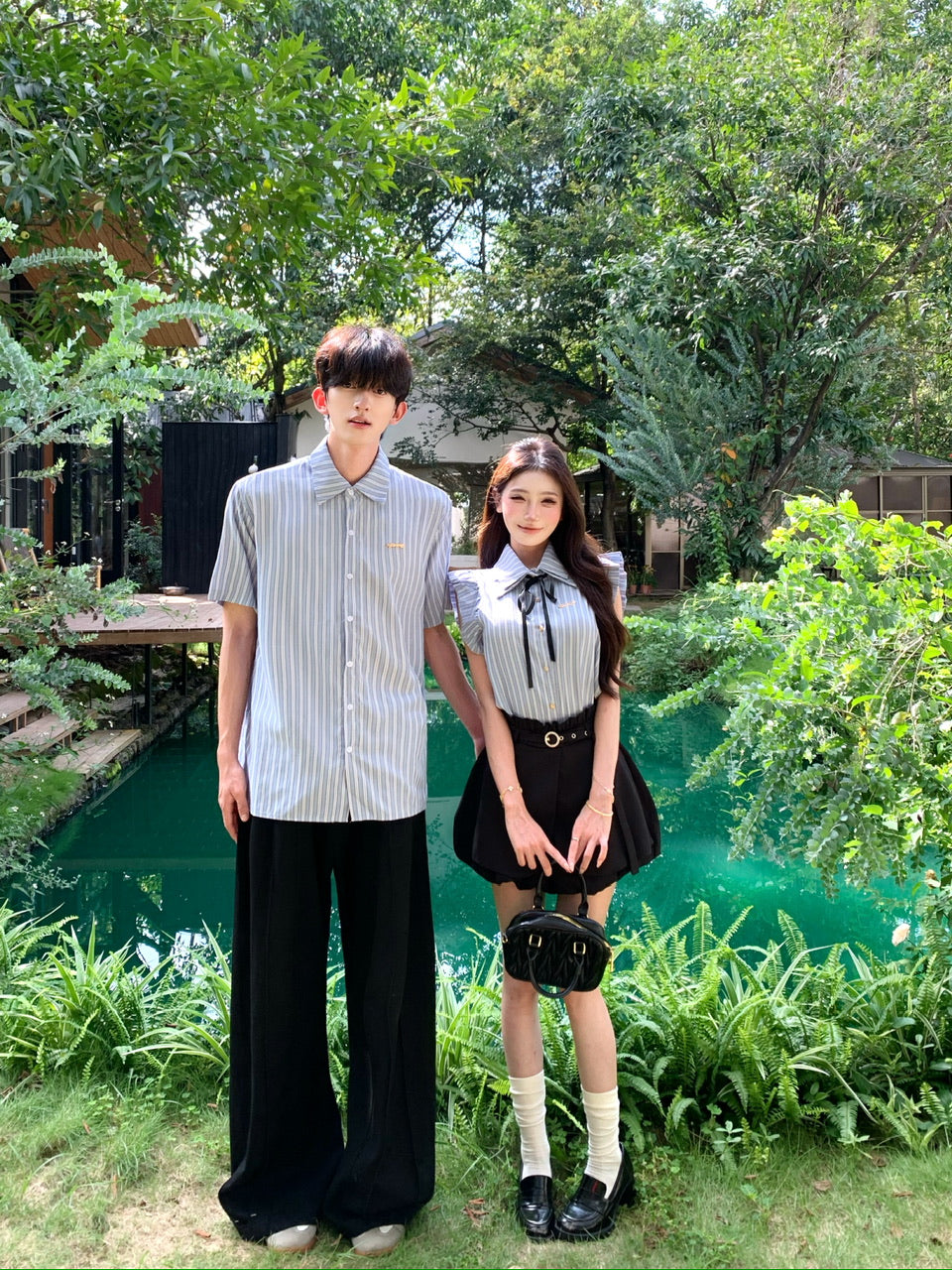 💕韓系藍色條紋小飛袖襯衫花苞短褲情侶套裝