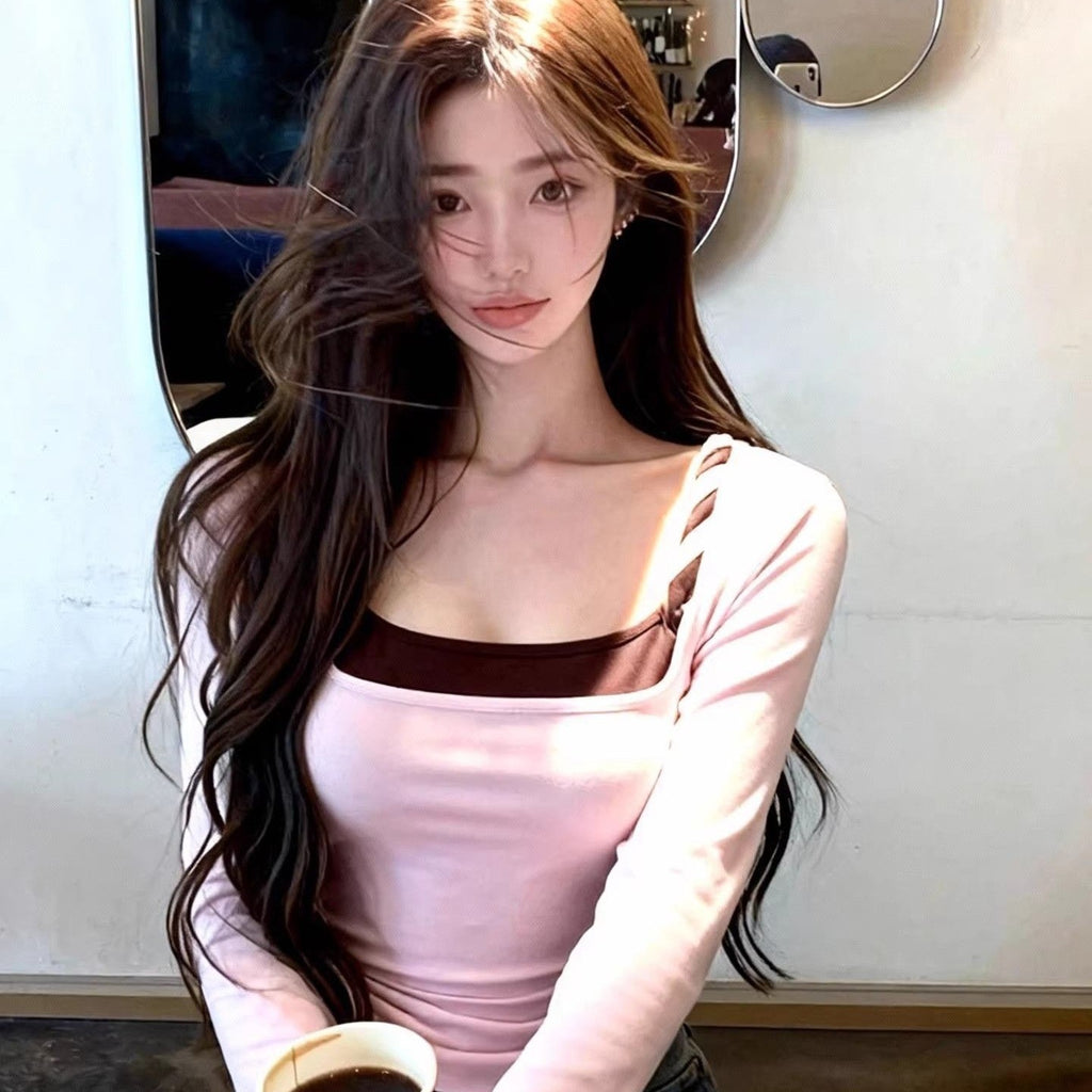 💕春秋法式撞色扭結假兩件修身打底長袖上衣