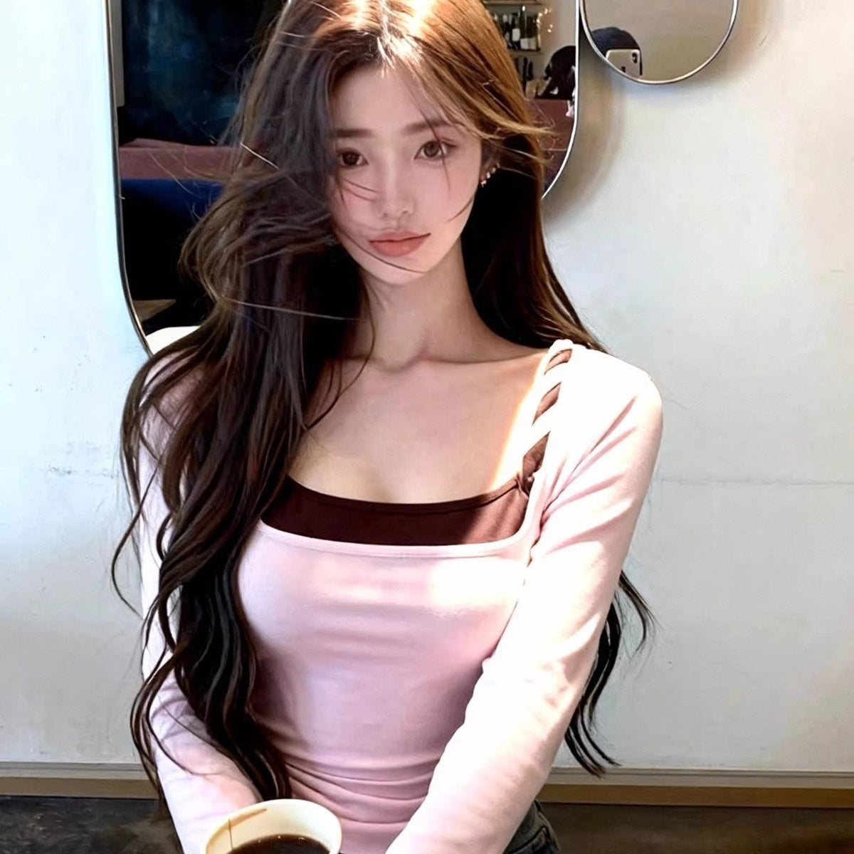 💕春秋法式撞色扭結假兩件修身打底長袖上衣