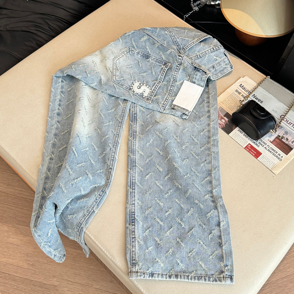 💕韓系刺繡燙鑽羽毛緹花直筒牛仔長褲