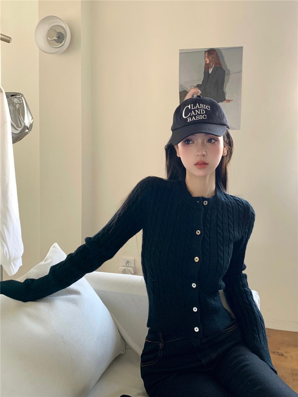 💕簡約休閒黑色短款麻花針織長袖上衣