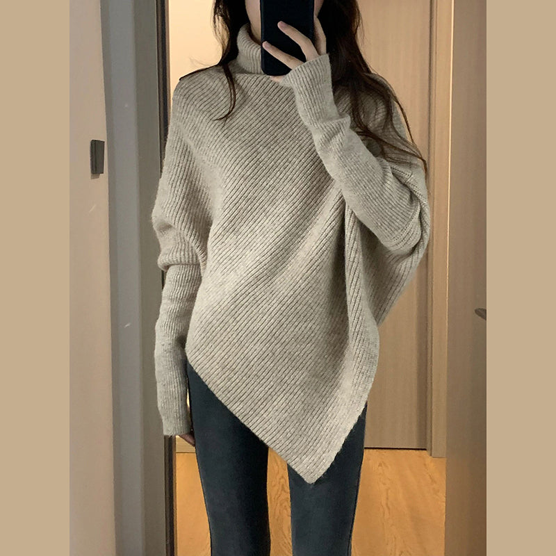 💕溫柔韓系慵懶不規則高領加厚針織毛衣