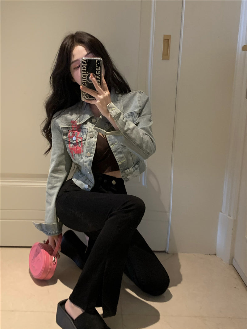 💕美式甜酷塗鴉字母印花短款夾克牛仔外套