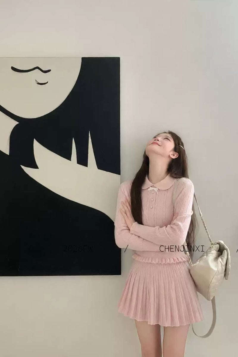 💕chic千金感粉色長袖針織毛衣短裙套裝