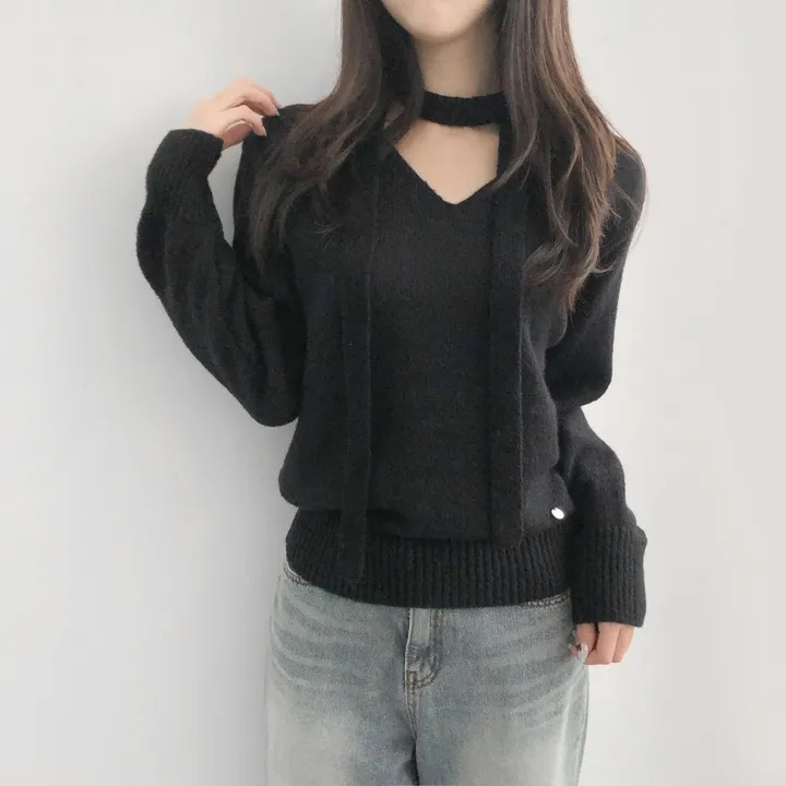 💕chic韓系簡約V領帶飄帶露肩針織百搭毛衣