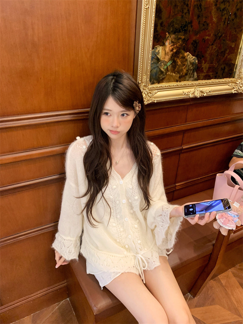 💕韓系重工連帽勾花慵懶針織開衫