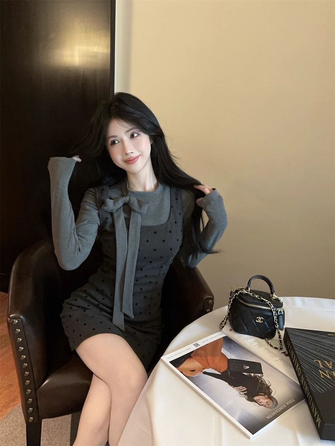💕法式蝴蝶結飄帶圓領點點背帶兩件套