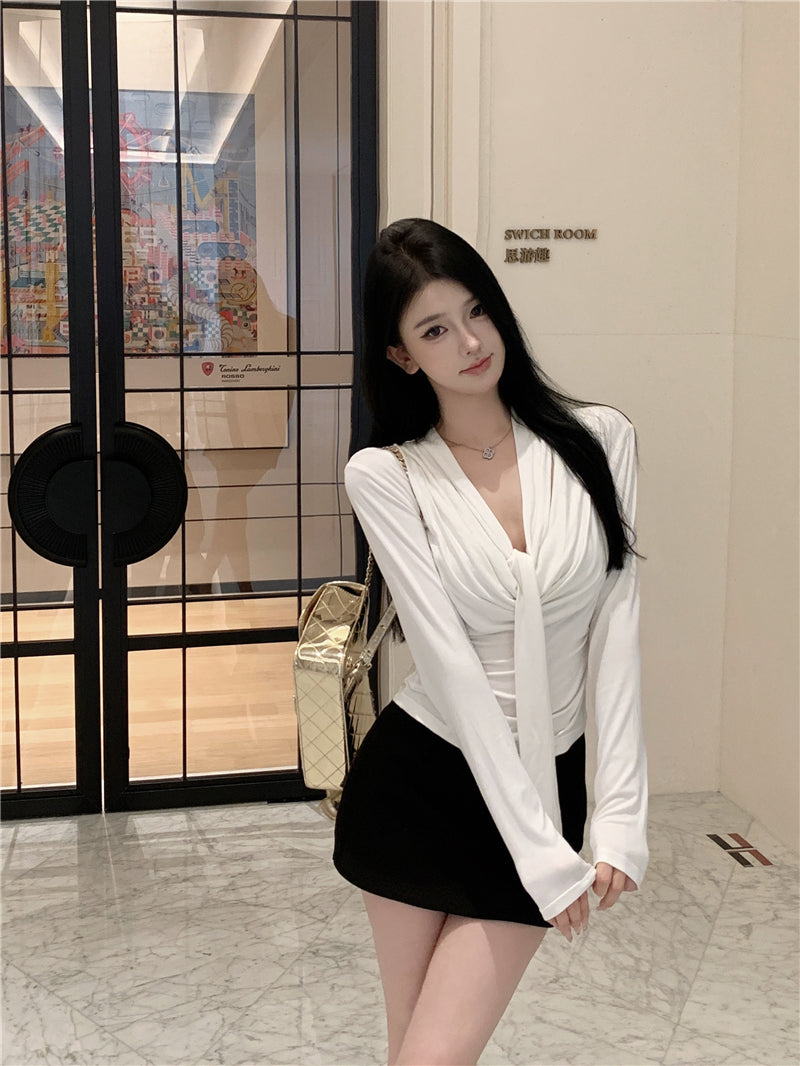 💕韓系設計感褶皺盪領飄帶長袖打底衣