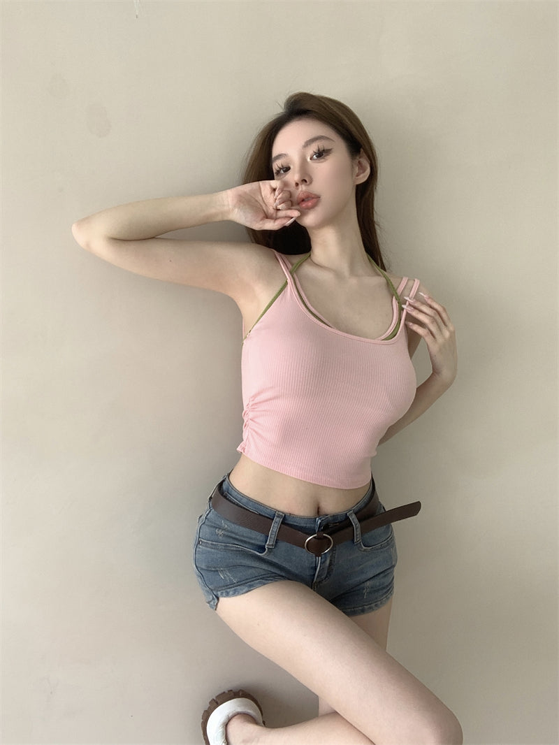 💕春夏熱辣假兩件帶胸墊吊帶背心