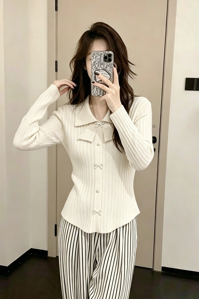 💕小香風蝴蝶結polo領長袖針織毛上衣