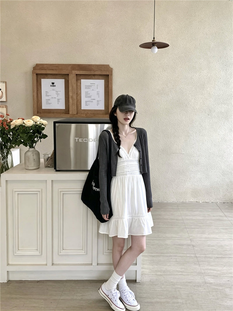 💕韓系坑條肌理感針織外套+蕾絲吊帶裙兩件套