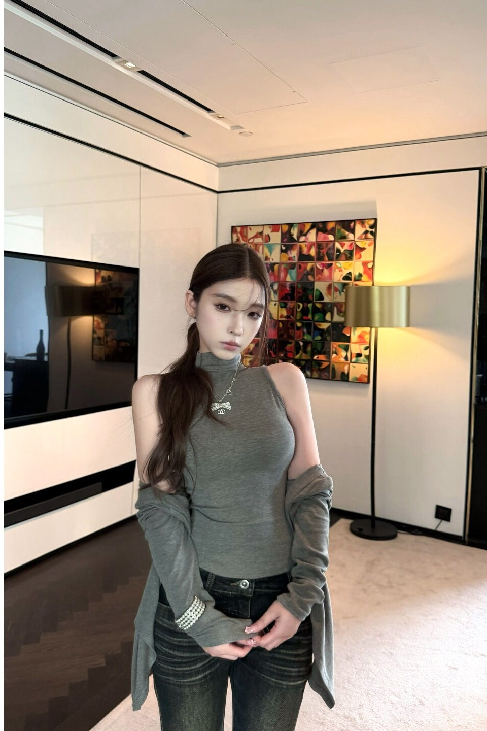 💕溫柔奶氣無袖半高領針織背心+開衫兩件套