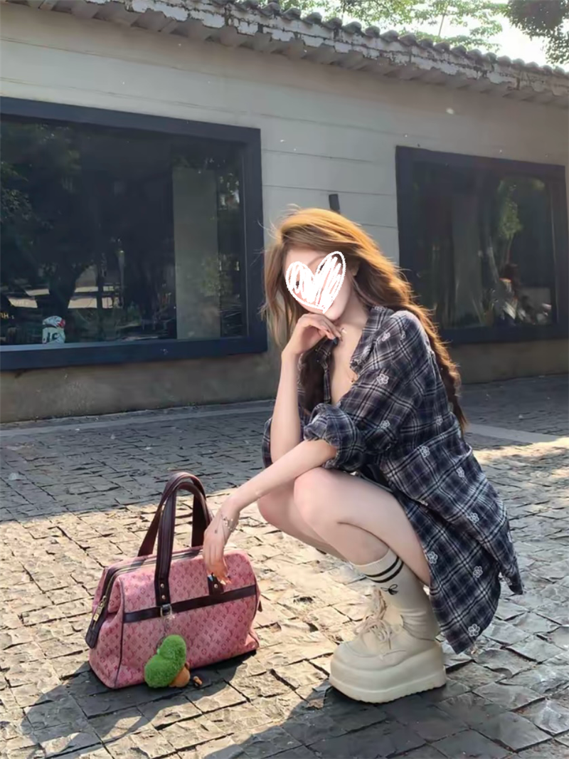 💕ins系慵懶假日格子襯衫吊帶連衣裙