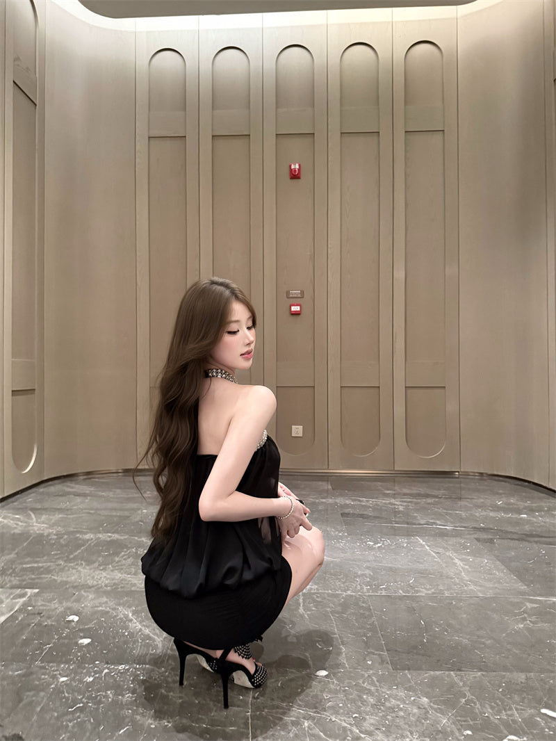 💕約會宴會法式無袖掛脖連衣裙