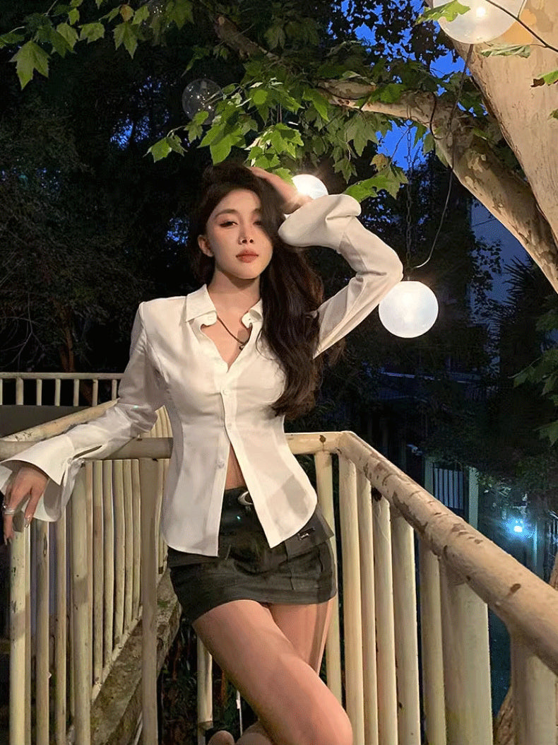 💕高級感西裝領長袖不規則褶皺襯衫