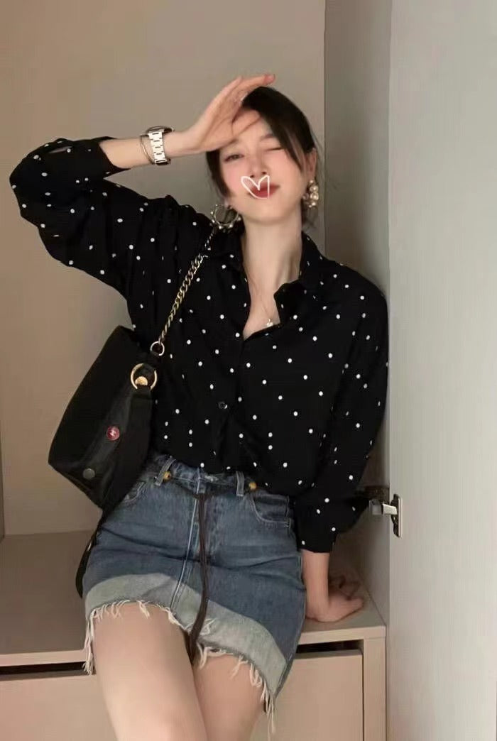 💕法式chic復古翻領撞色點點寬鬆襯衫