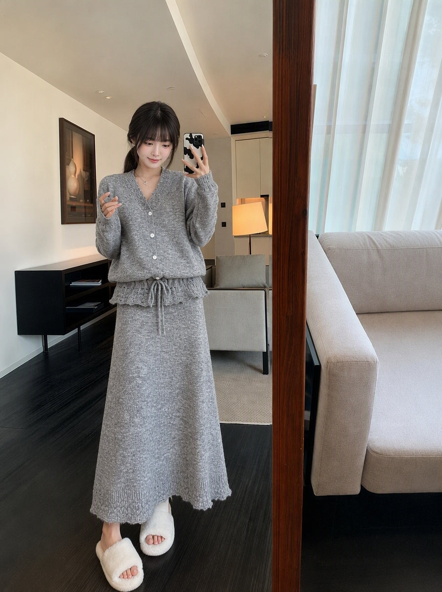 💕韓系溫柔V領長袖羊毛針織兩件套