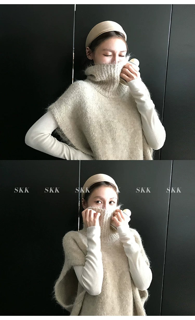 💕春季疊穿羊毛拉毛高領背心馬甲慵懶毛衫
