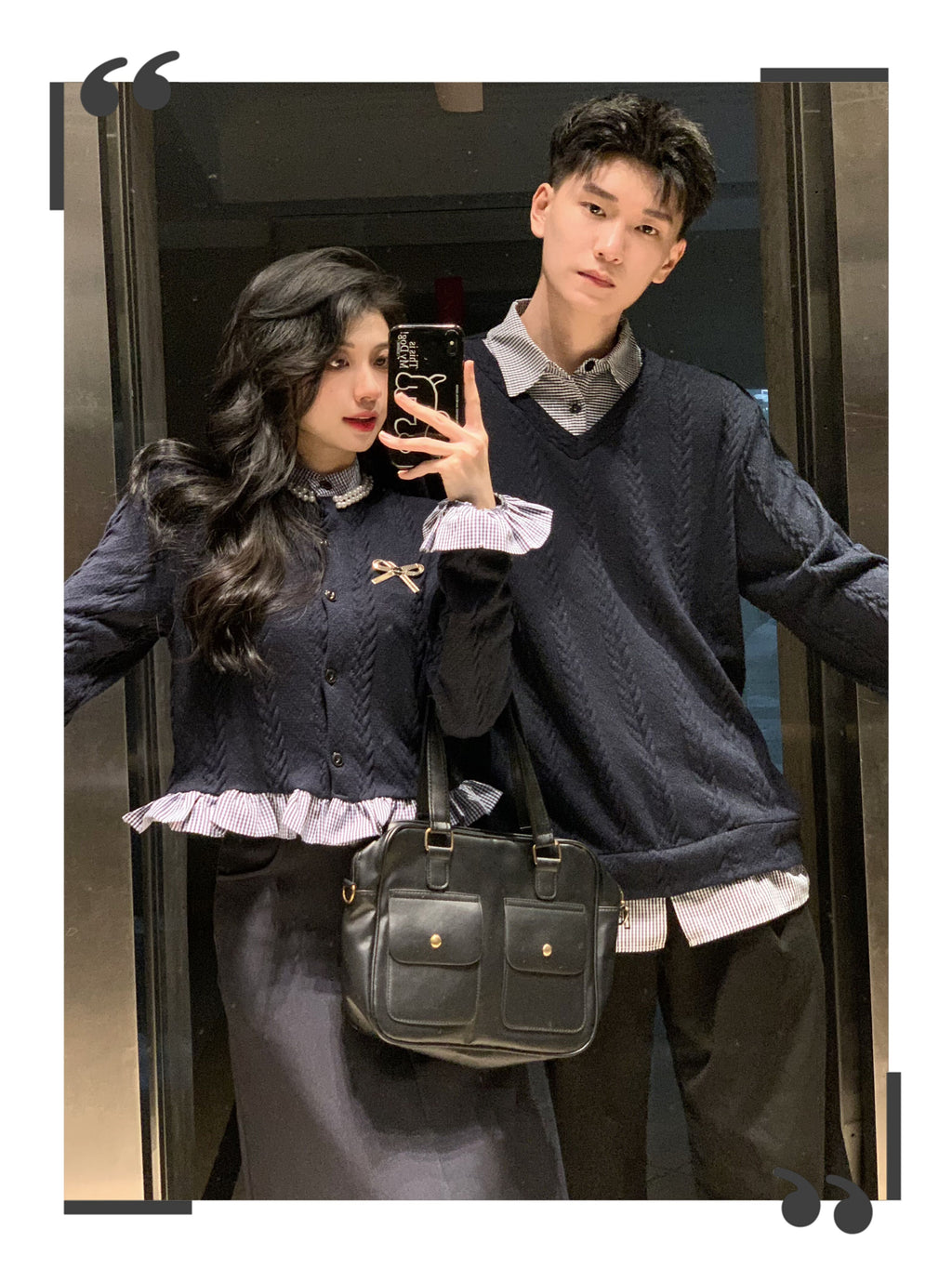 💕秋冬法式梨形長袖拼接假兩件情侶套裝