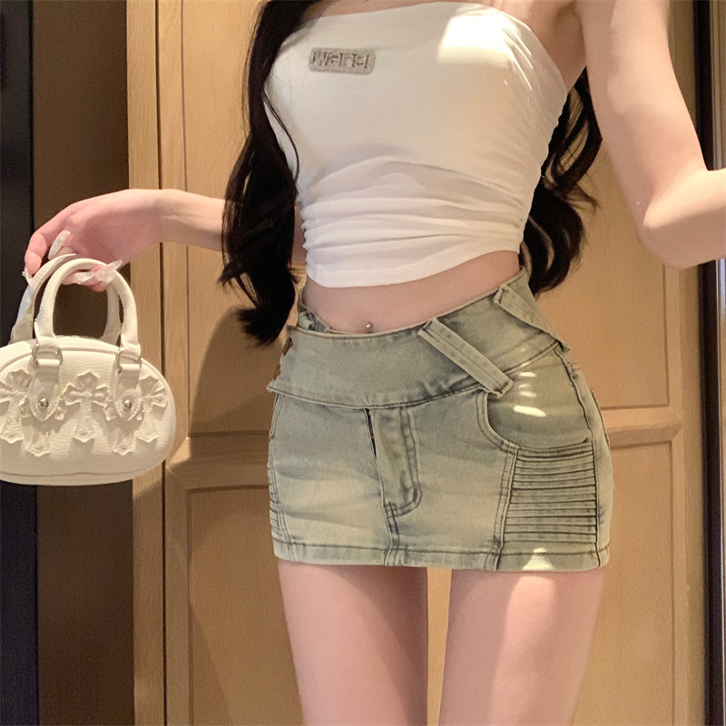 💕不規則緊身彈力刷舊牛仔短裙