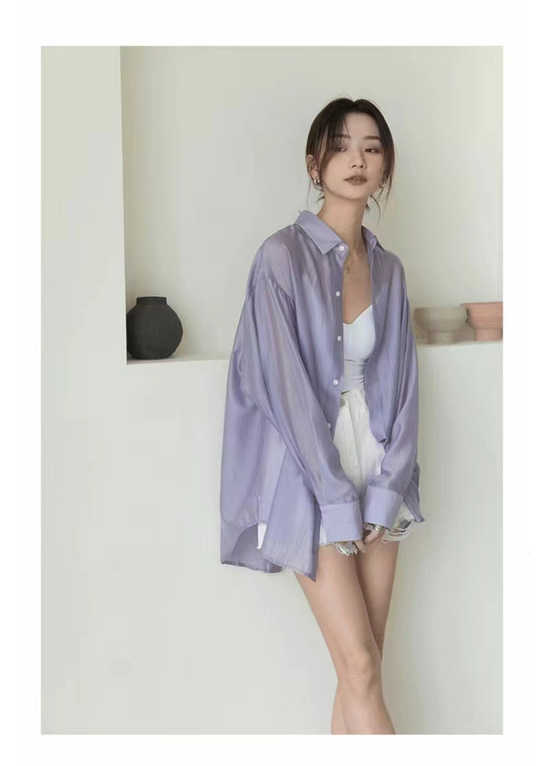 💕夏季天絲小眾薄款開衩防曬襯衫