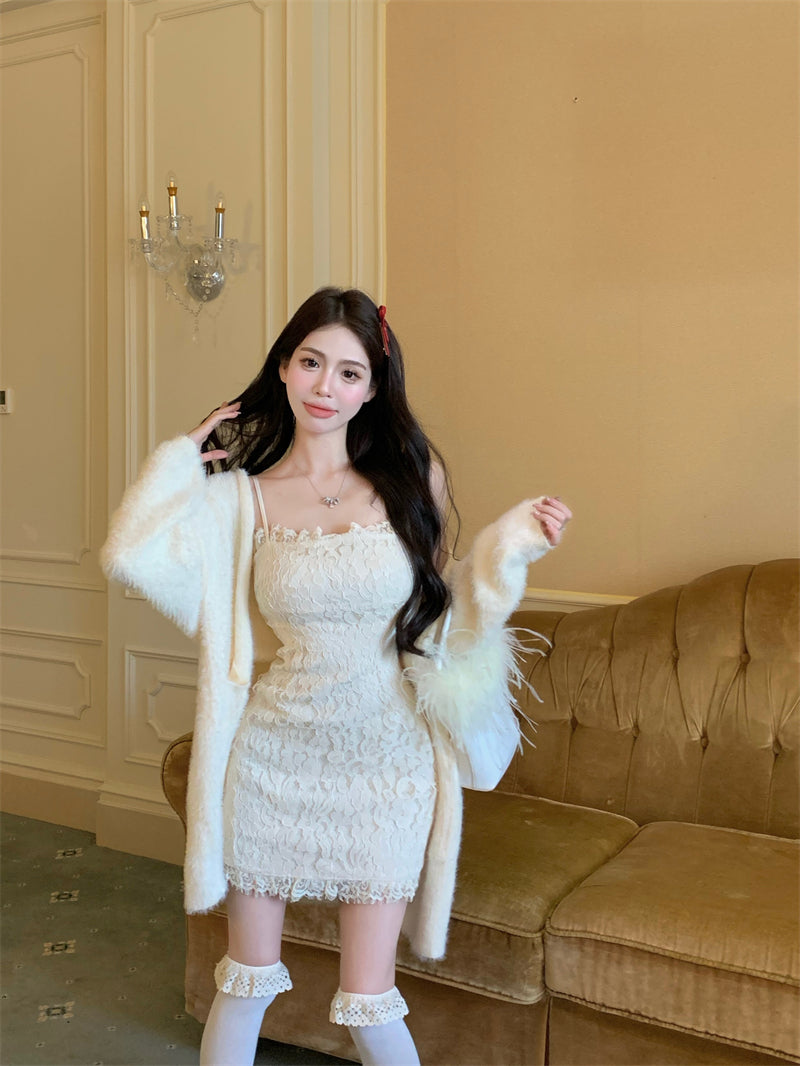 💕溫柔秋冬慵懶風修身蕾絲吊帶裙開衫兩件套